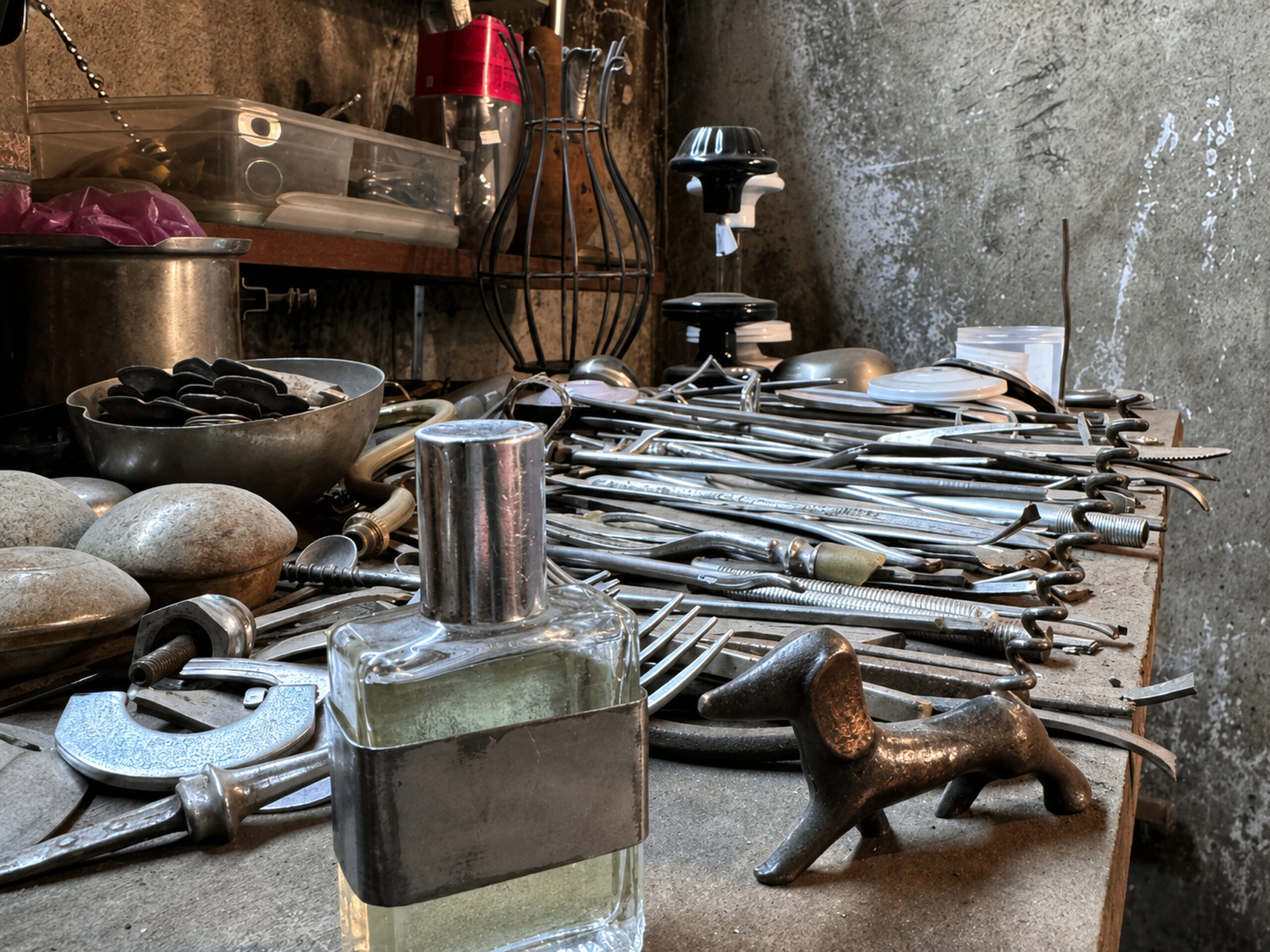 Found metal objects and tools on a workbench in Sevak Mirzakhanyan's studio.